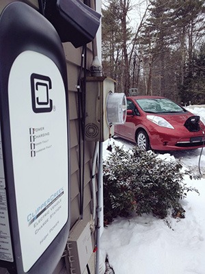Nissan Leaf Charging with ClipperCreek EVSE outdoors in snow